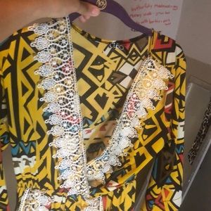 colorful yellow lace trim romper